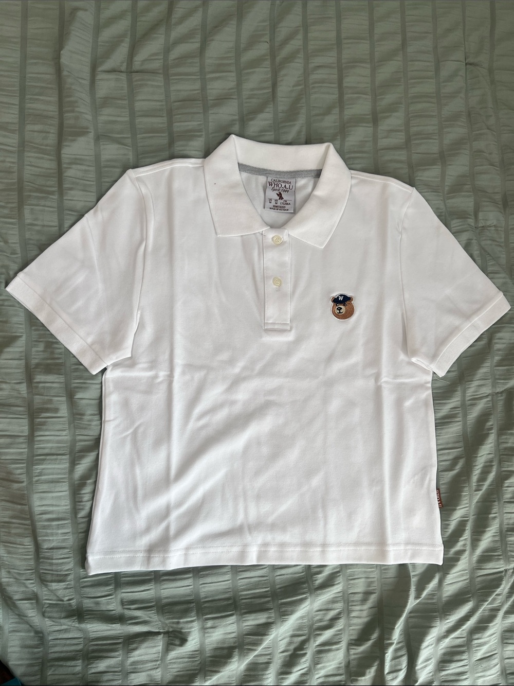 California WHO.A.U White Short Sleeve Polo Tee with Bear Patch